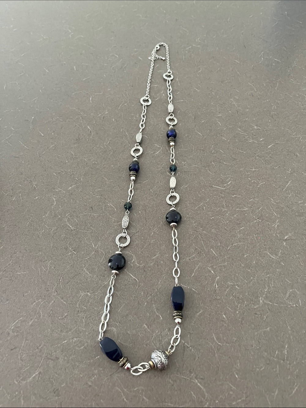 L👀K 3 for $10 Silver tone Necklace with Dark Blue Beads 16” clasped